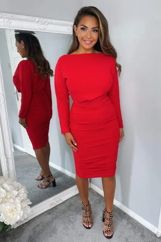 Red Wide Neck Ruched Bodycon Dress sold by AX Paris