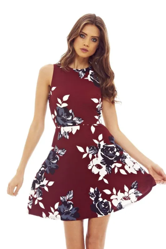 Burgundy Mini Skater Floral Dress with Sleeveless Detail sold by AX Paris