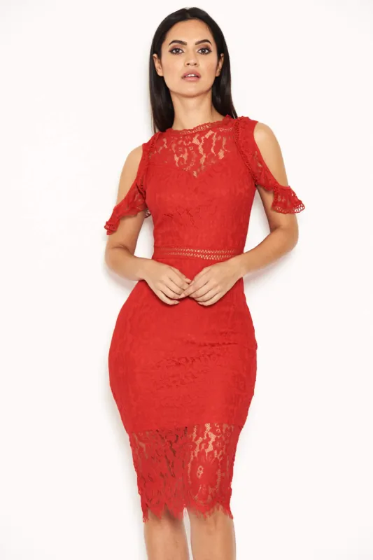 Red Lace Cold Shoulder Midi Dress sold by AX Paris