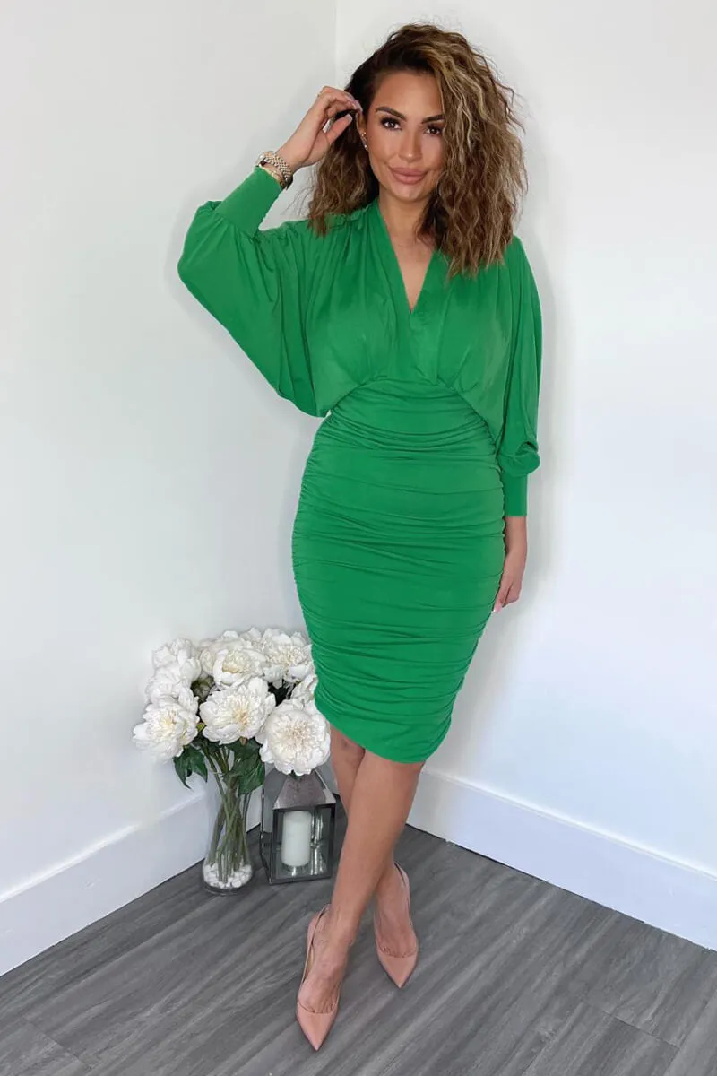 Green Ruched Bat Wing Sleeve Midi Dress sold by AX Paris