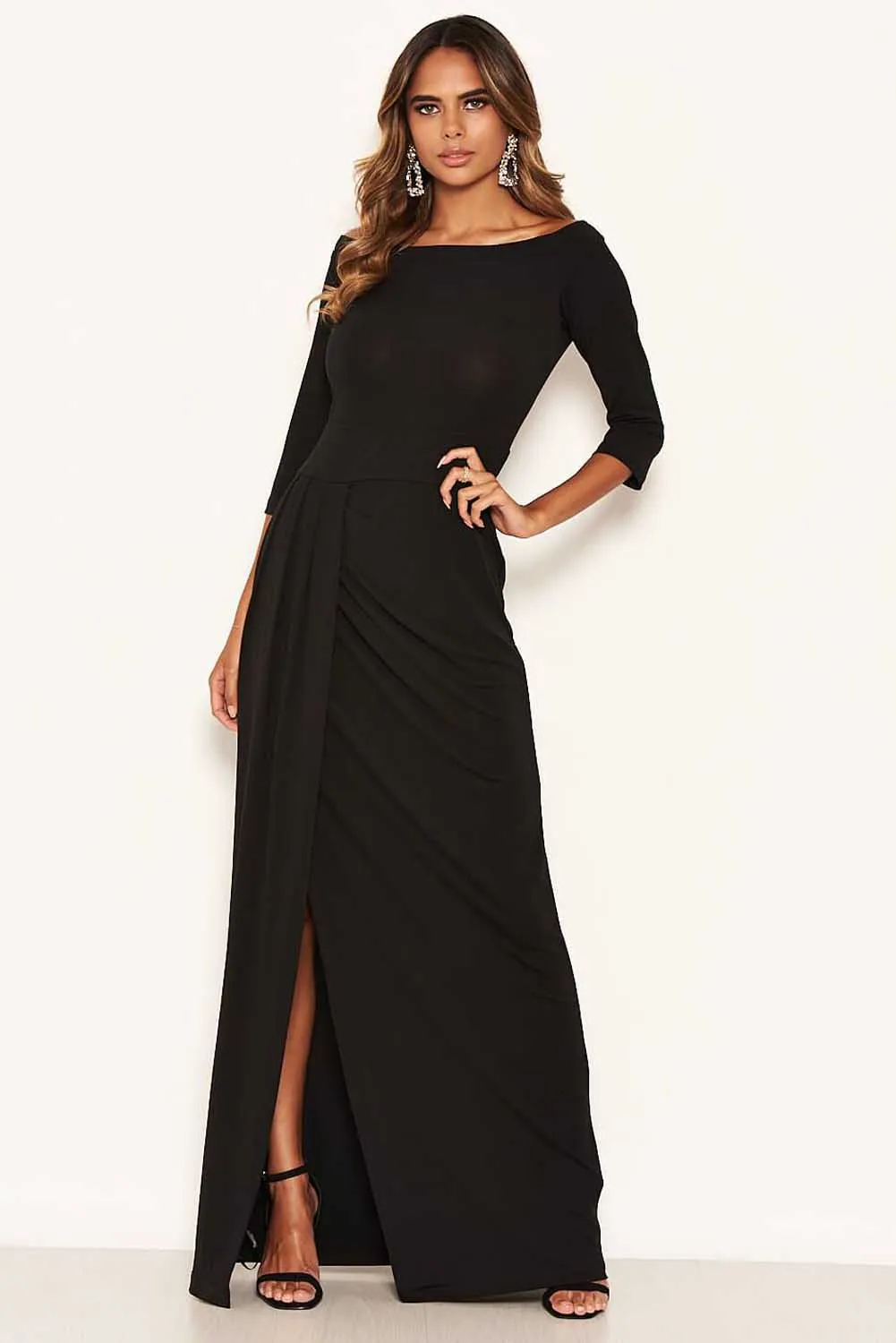 Black Off The Shoulder Slit Maxi Dress sold by AX Paris
