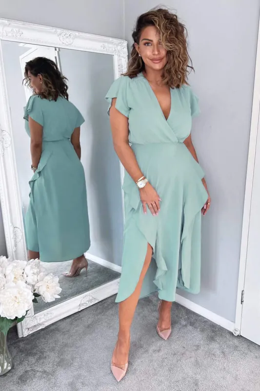 Duck Egg Frill Detail Double Split Skirt Midi Dress sold by AX Paris