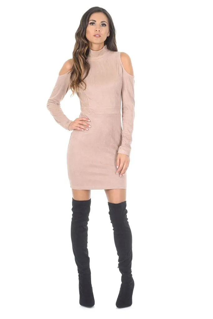 Stone High Neck Cold Shoulder Faux Suede Mini Dress sold by AX Paris product image thumbnail 2