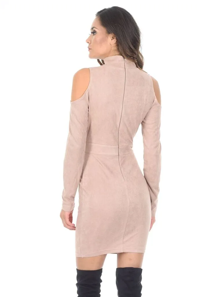 Stone High Neck Cold Shoulder Faux Suede Mini Dress sold by AX Paris product image thumbnail 3