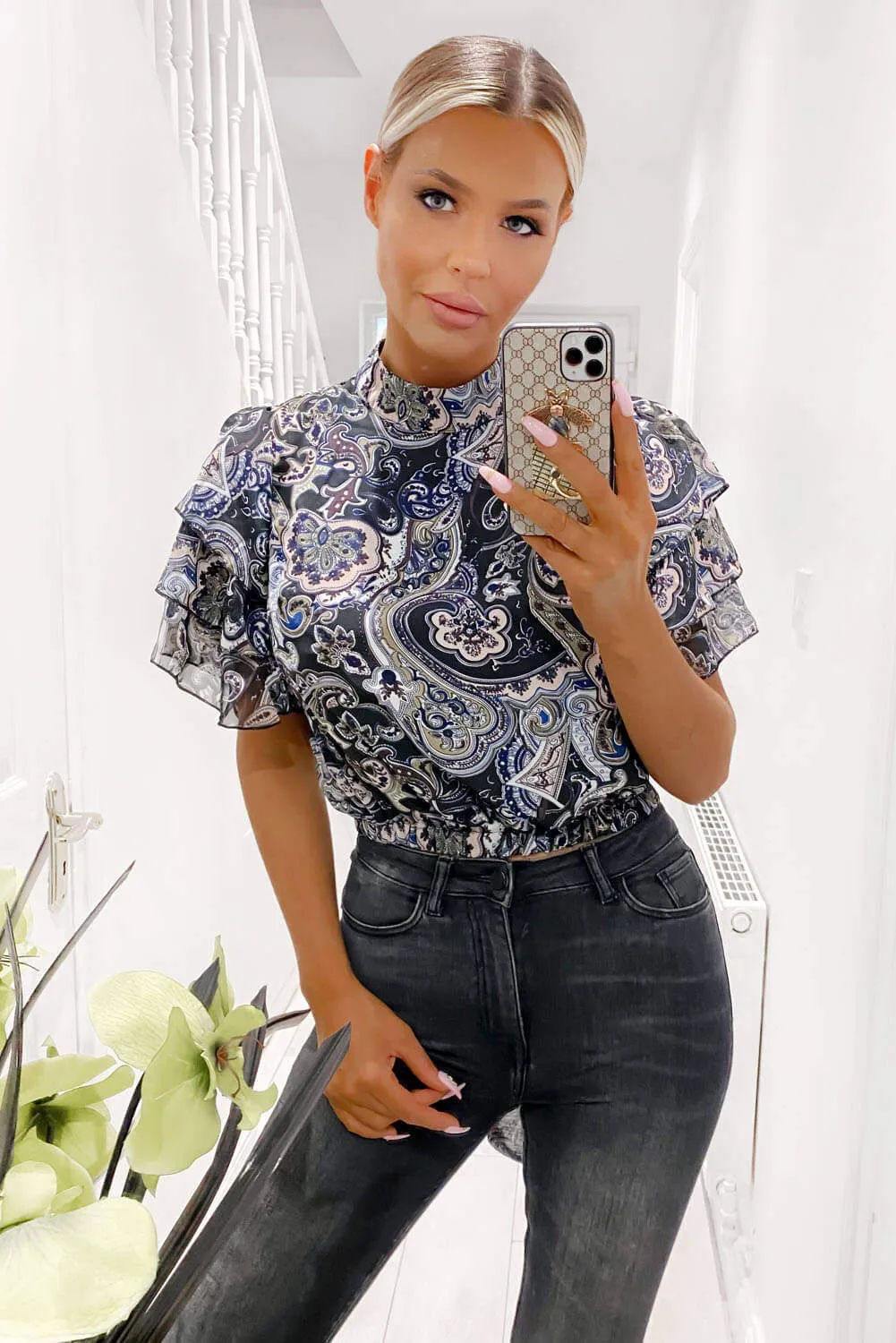 Black Printed Frill Sleeve Crop Top sold by AX Paris product image thumbnail 2