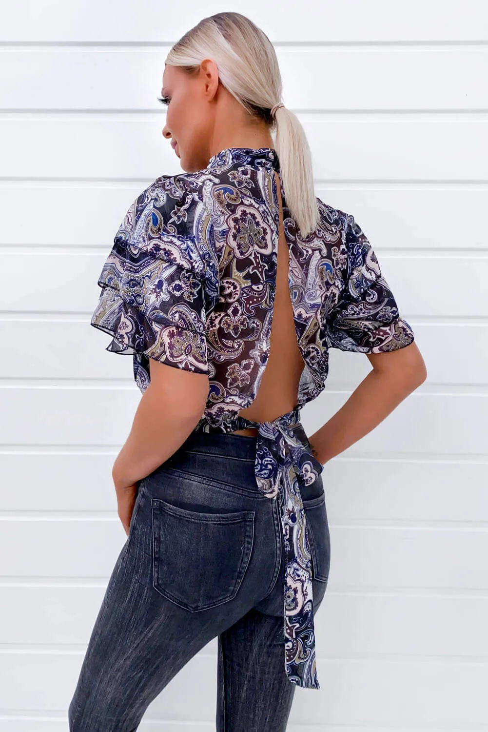 Black Printed Frill Sleeve Crop Top sold by AX Paris product image thumbnail 4