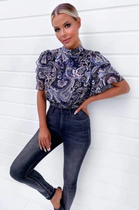Black Printed Frill Sleeve Crop Top sold by AX Paris