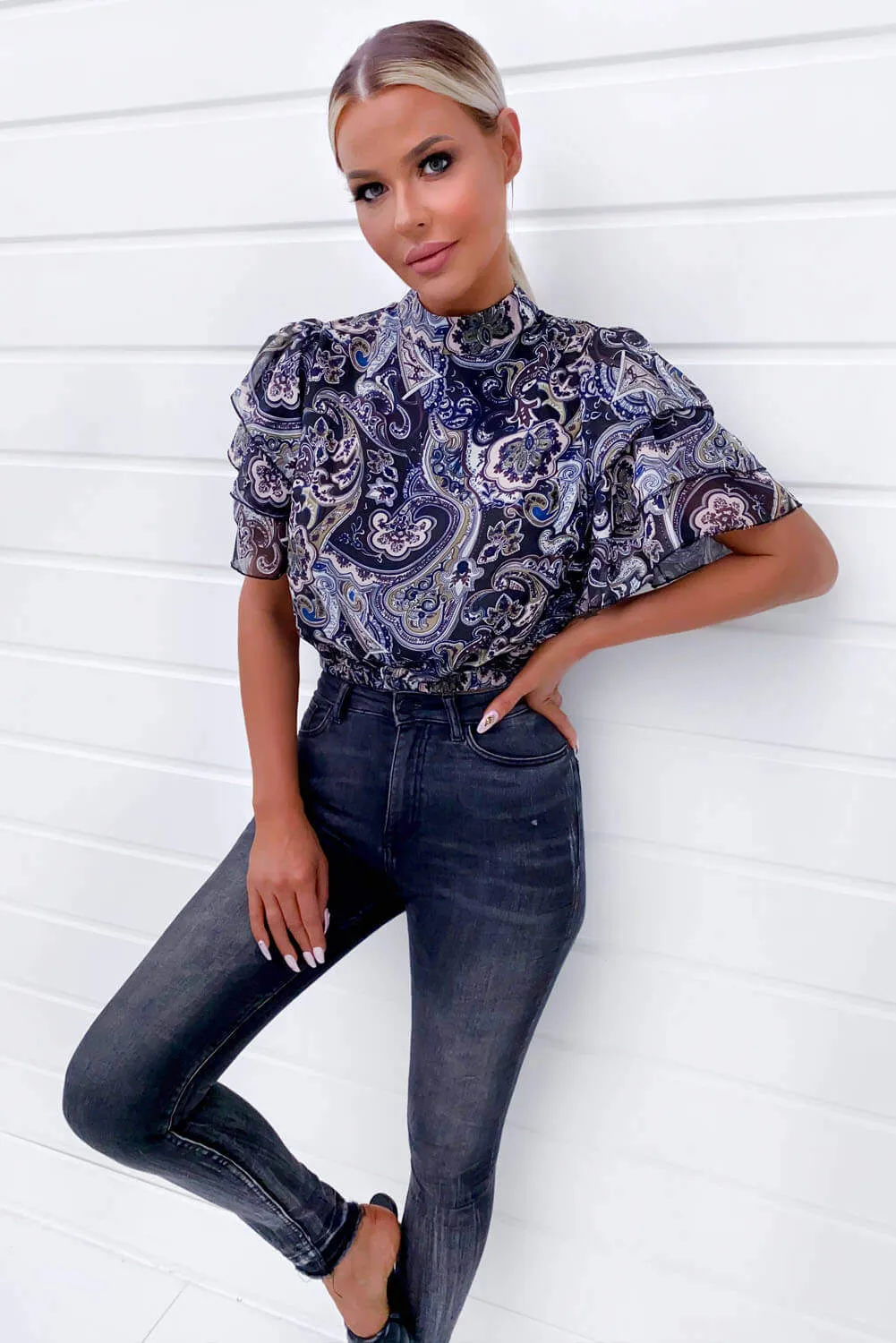 Black Printed Frill Sleeve Crop Top sold by AX Paris