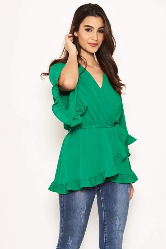 Green Wrap Frill Top sold by AX Paris