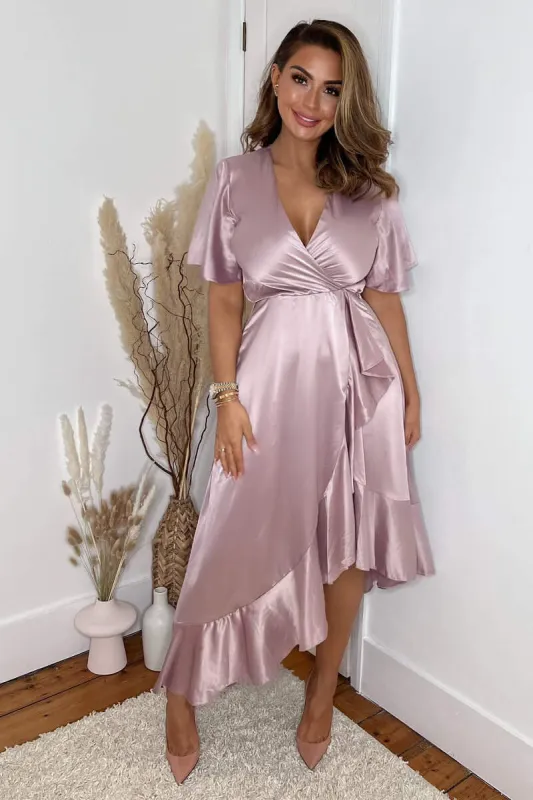 Dusty Pink Satin Frill Hem Short Sleeve Midi Dress sold by AX Paris
