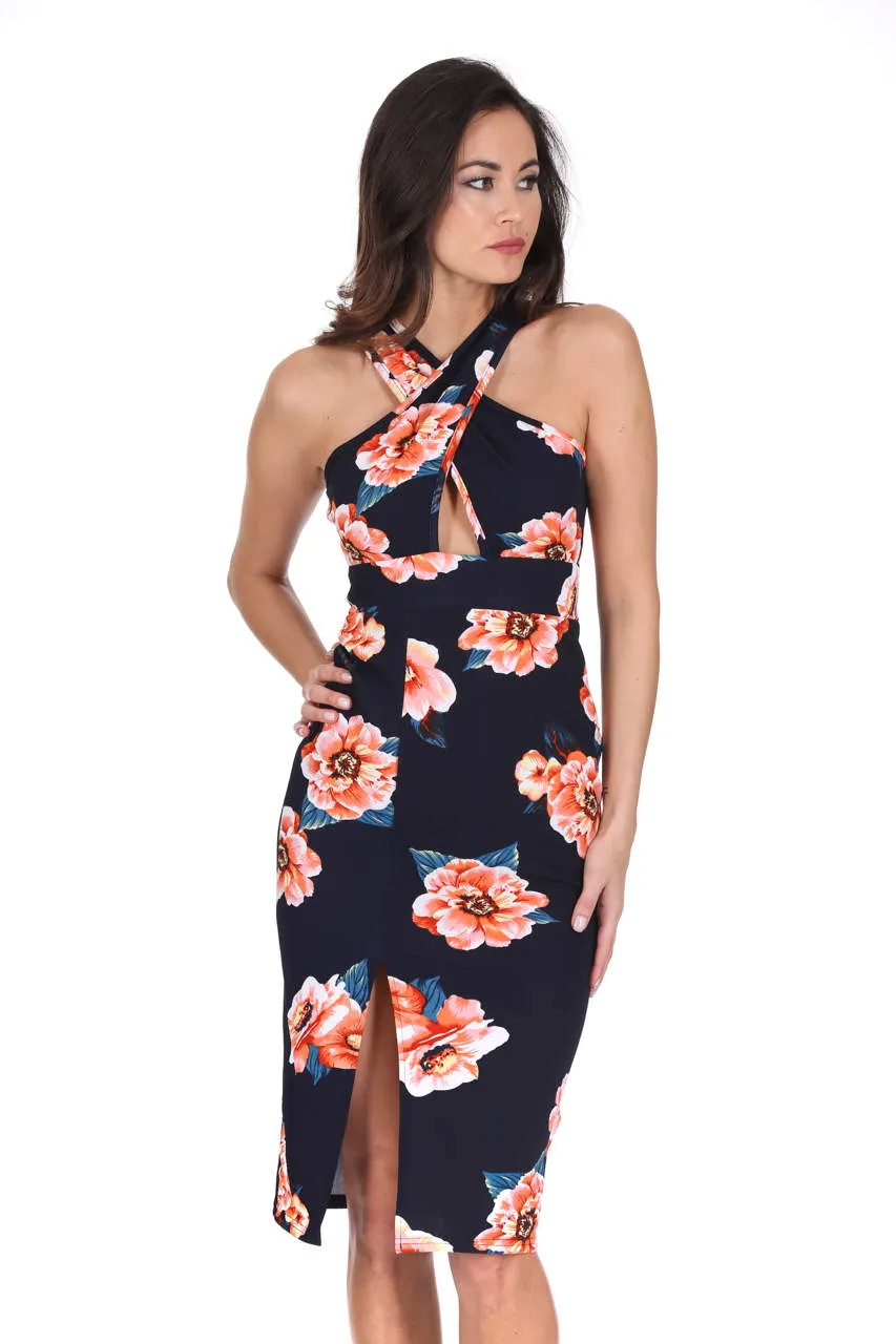 Navy Floral Cross Over Midi Dress sold by AX Paris