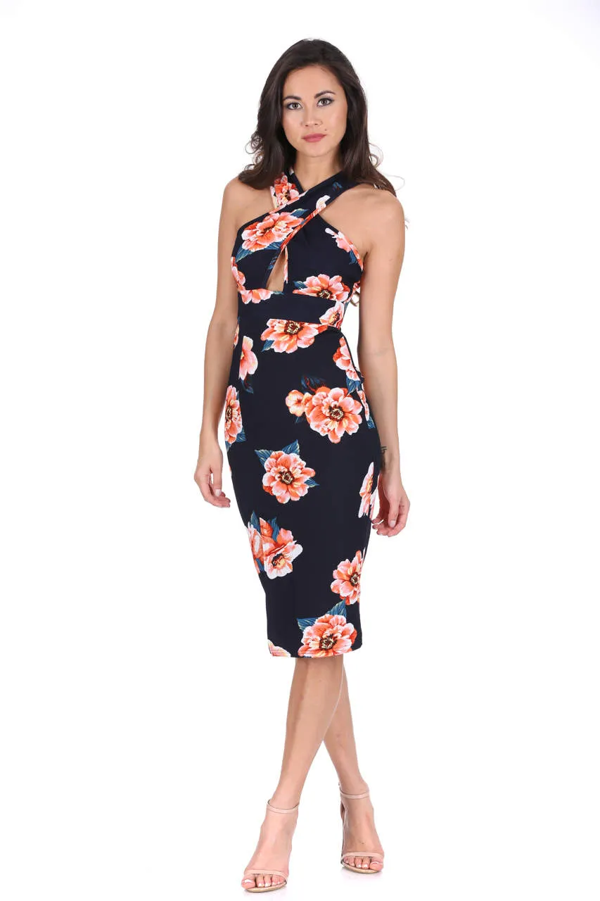 Navy Floral Cross Over Midi Dress sold by AX Paris product image thumbnail 2