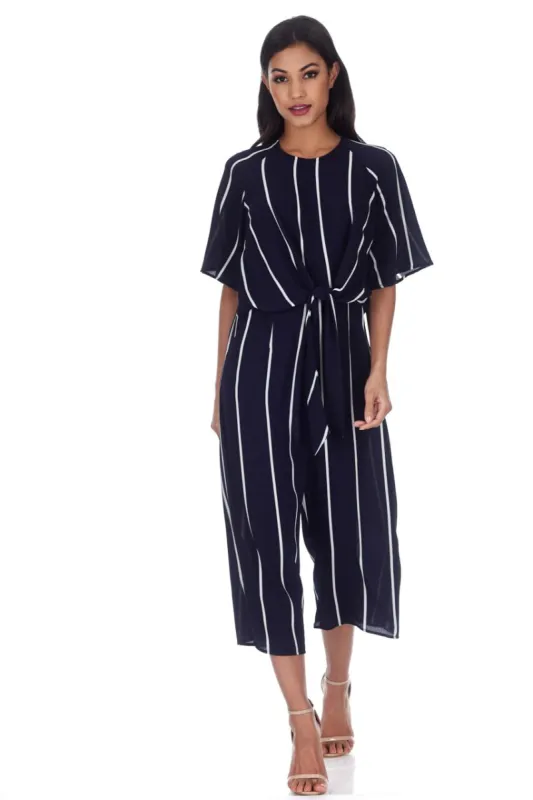 Navy Tie Front Striped Jumpsuit sold by AX Paris