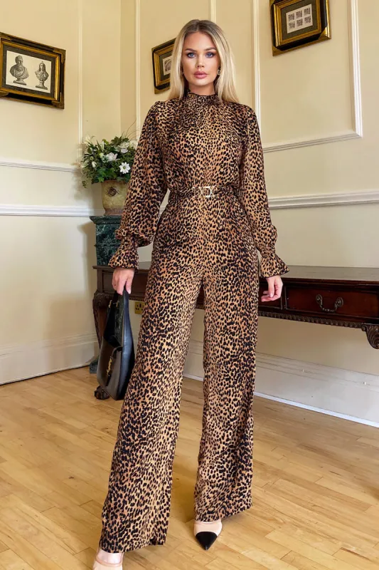 Camel Animal Belted Frill Cuff Sleeve Jumpsuit sold by AX Paris