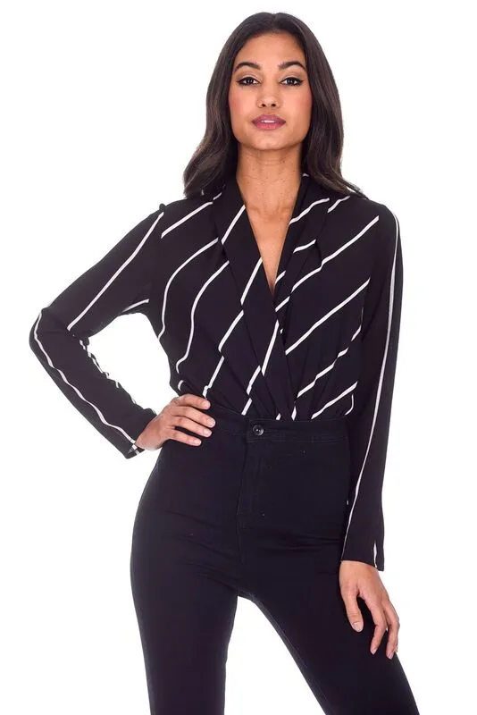 Black Striped Plunge Bodysuit sold by AX Paris
