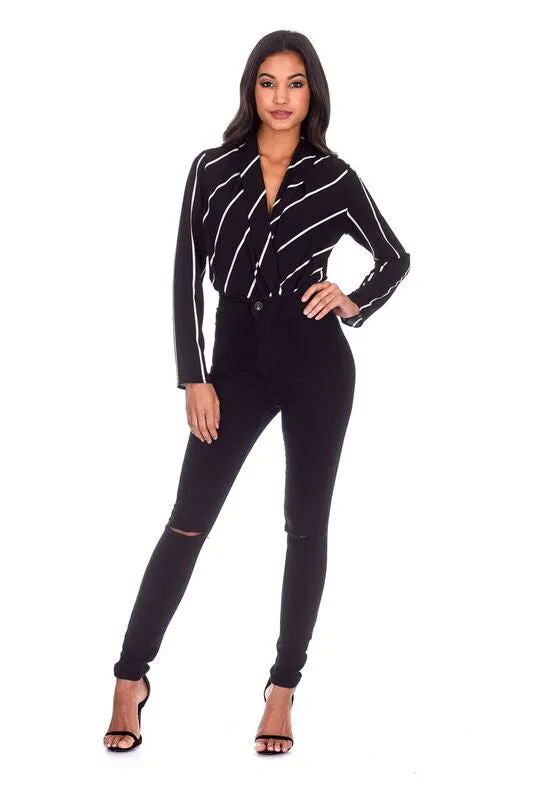 Black Striped Plunge Bodysuit sold by AX Paris product image thumbnail 2
