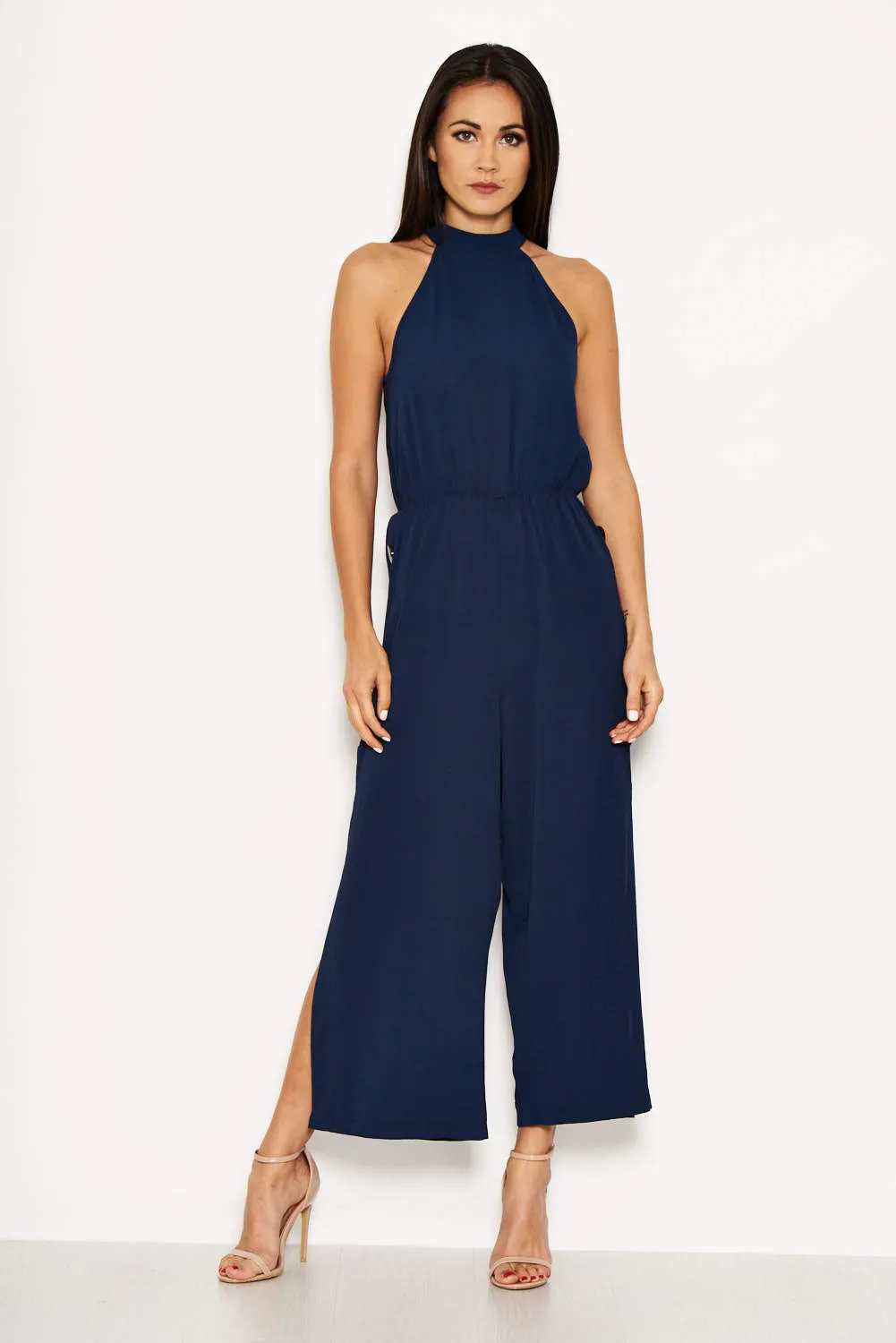 Navy High Neck Culotte Jumpsuit sold by AX Paris
