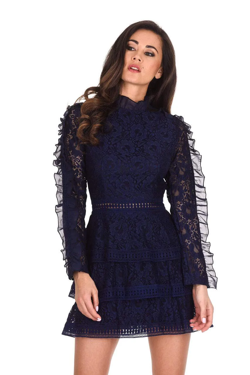 Navy Lace Tiered Mini Dress sold by AX Paris