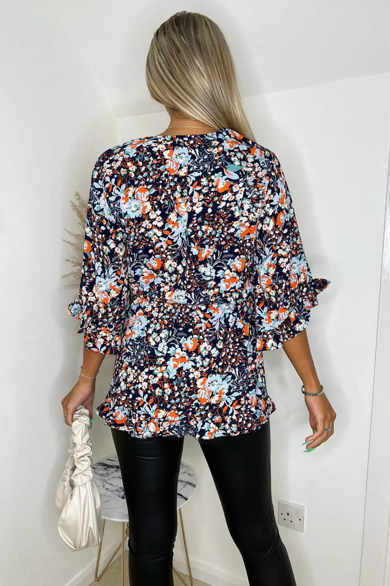 Navy Floral Printed Frill Hem Wrap Top sold by AX Paris product image thumbnail 5