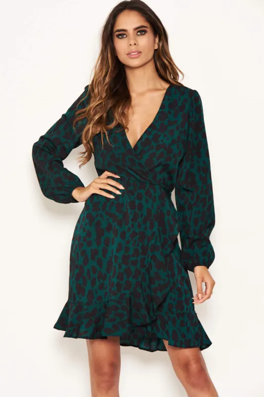 Green Leopard Print Long Sleeve Wrap Dress sold by AX Paris