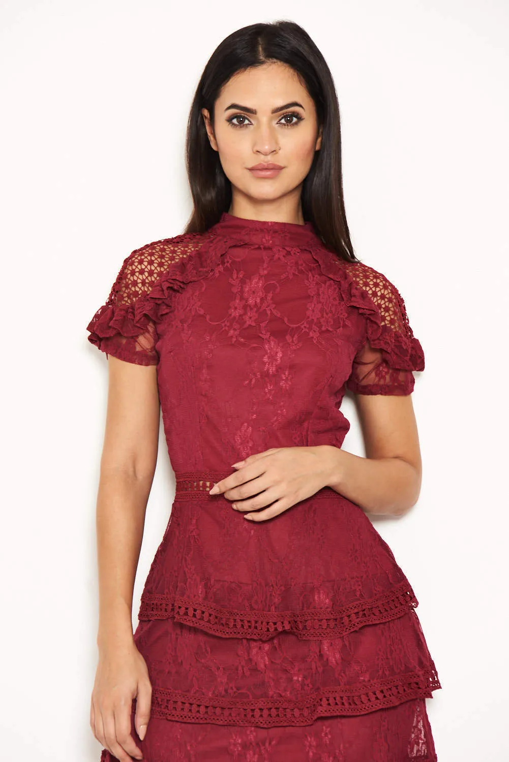 Plum High Neck Lace Layer Frill Mini Dress sold by AX Paris product image thumbnail 5