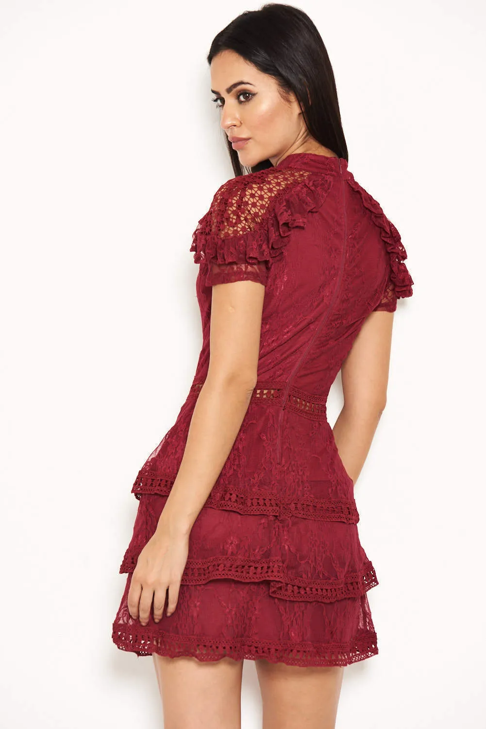 Plum High Neck Lace Layer Frill Mini Dress sold by AX Paris product image thumbnail 3