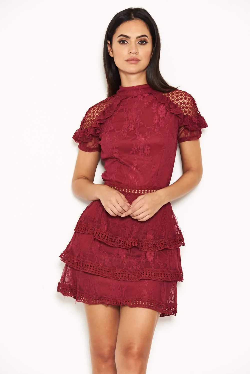 Plum High Neck Lace Layer Frill Mini Dress sold by AX Paris product image thumbnail 4