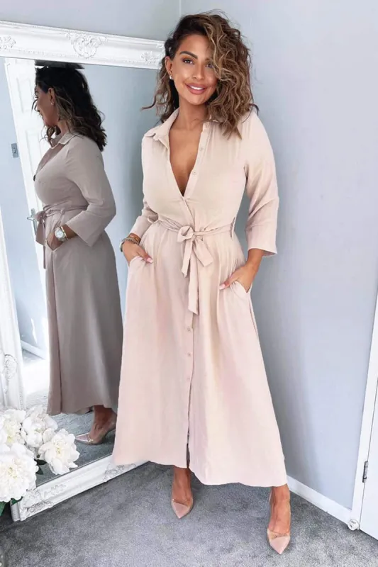 Nude Button Up Midi Shirt Dress sold by AX Paris