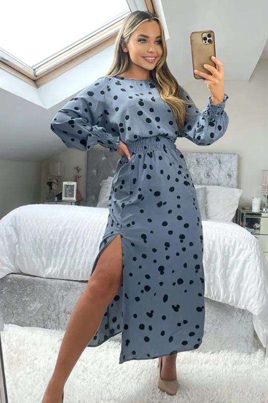 Blue Dot Printed Elasticated Waist Midi Dress sold by AX Paris