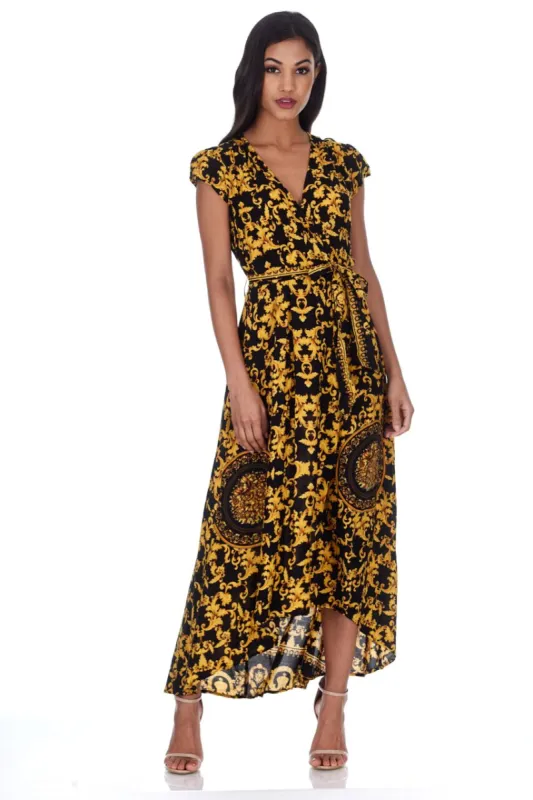 Black And Gold Patterned Wrap Over V Neck Dress sold by AX Paris
