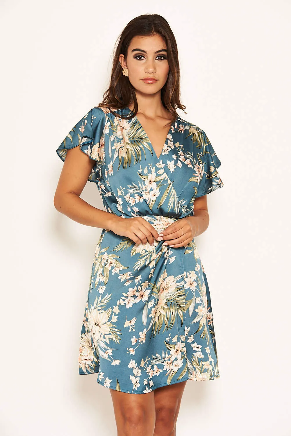 Duck Egg Floral Pleated Wrap Dress sold by AX Paris product image thumbnail 4