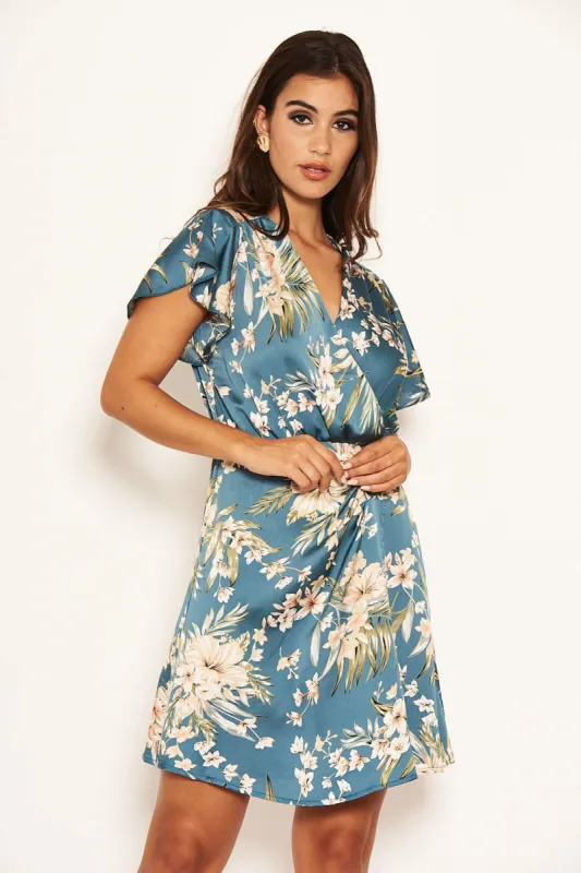 Duck Egg Floral Pleated Wrap Dress sold by AX Paris
