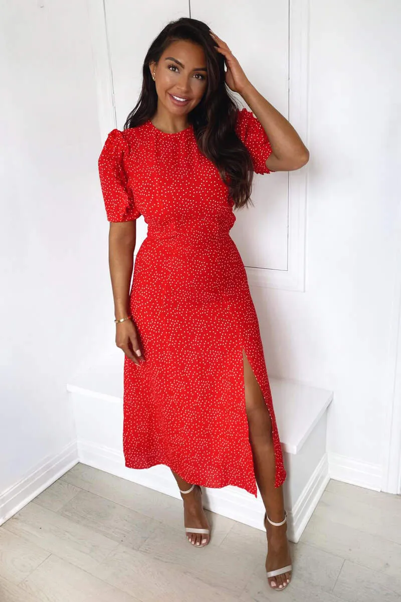 Red Polka Dot Frill Sleeve Midi Dress sold by AX Paris