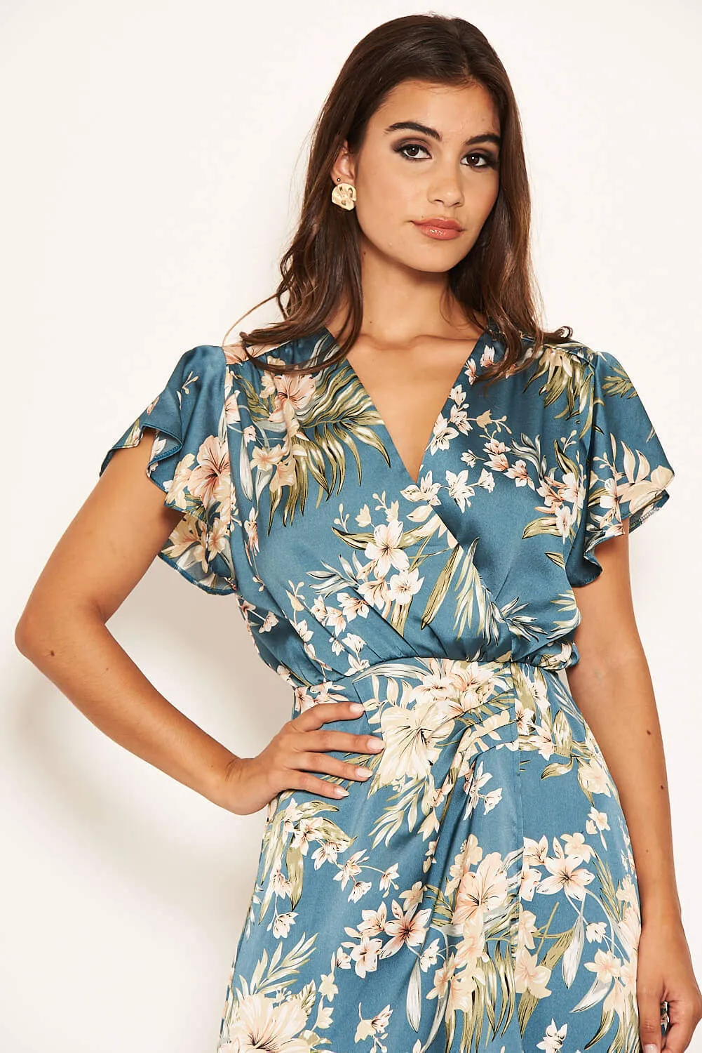 Duck Egg Floral Pleated Wrap Dress sold by AX Paris product image thumbnail 5