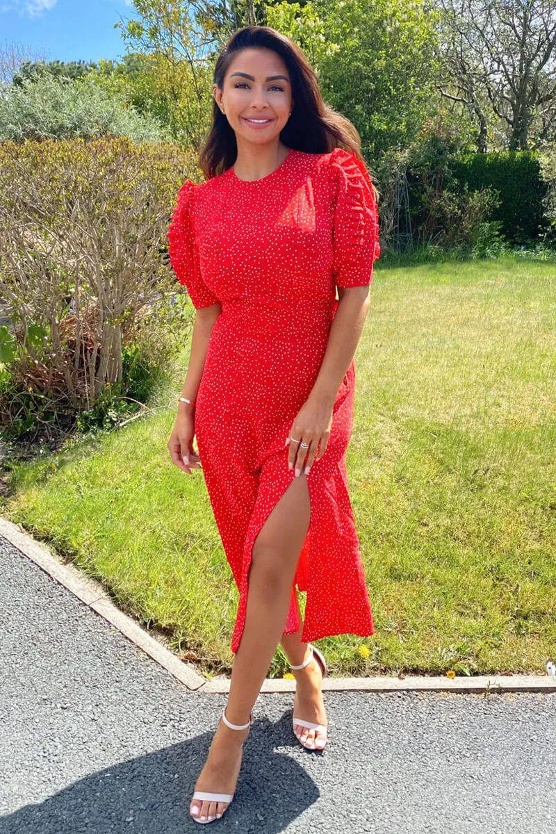 Red Polka Dot Frill Sleeve Midi Dress sold by AX Paris product image thumbnail 2