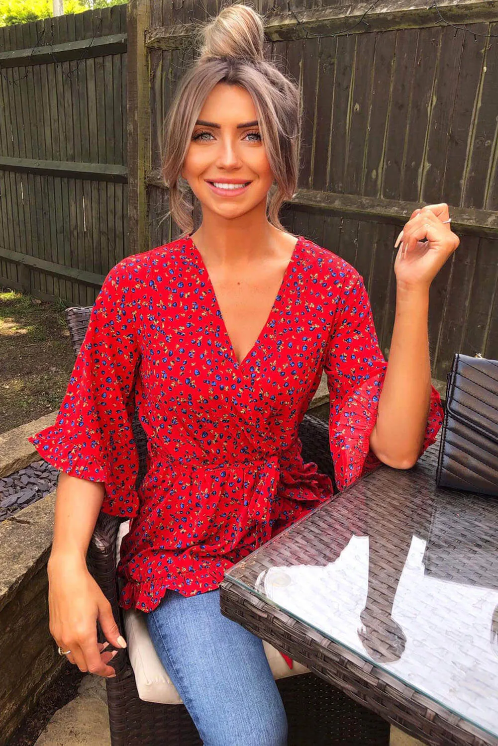 Red Floral Wrap Top sold by AX Paris