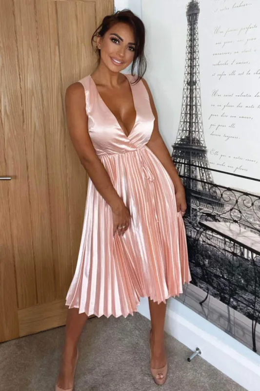 Pink Satin Pleated Wrap Dress sold by AX Paris