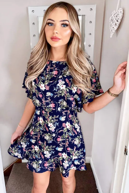 Navy Floral Print Cross Back Dress sold by AX Paris