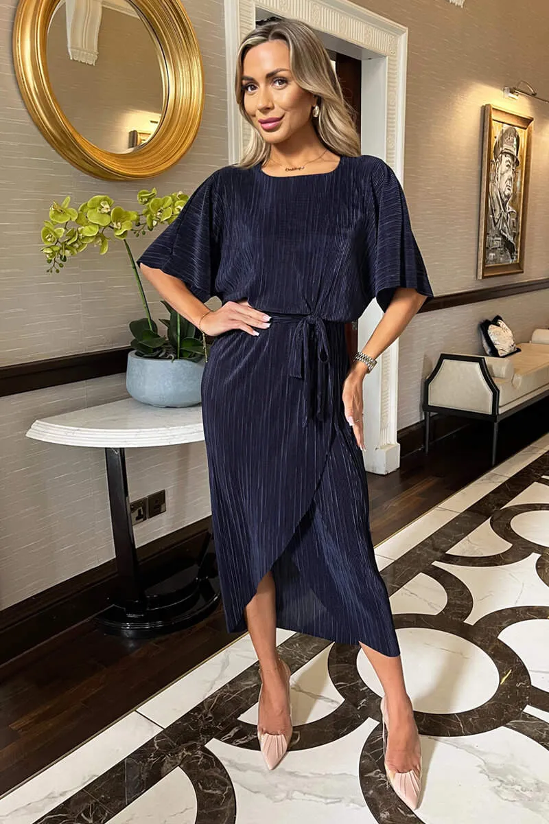 Navy Short Sleeve Tie Waist Plisse Midi Dress sold by AX Paris product image thumbnail 4