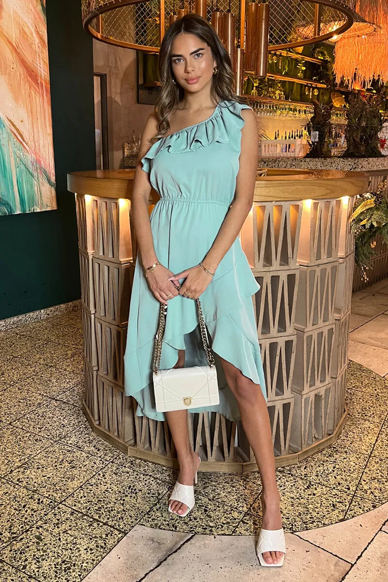 Duck Egg One Shoulder Frill Detail Dipped Hem Dress sold by AX Paris product image thumbnail 4