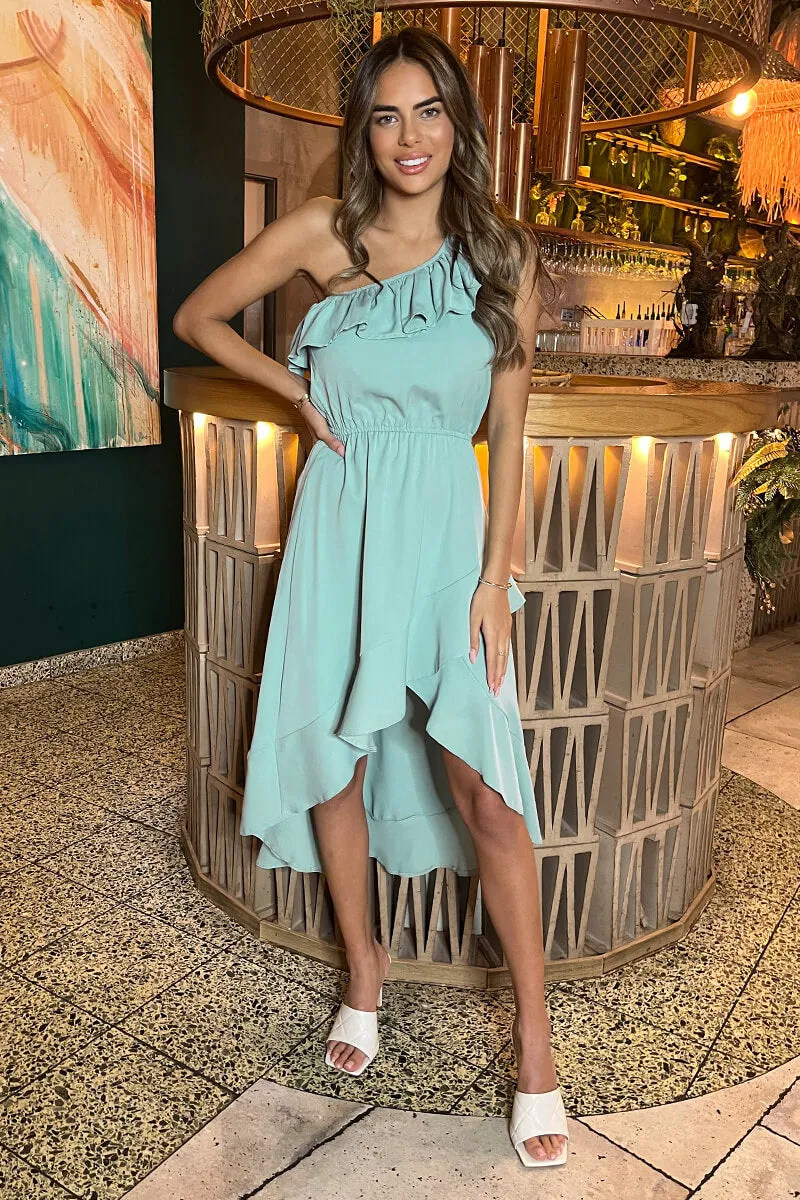 Duck Egg One Shoulder Frill Detail Dipped Hem Dress sold by AX Paris product image thumbnail 2