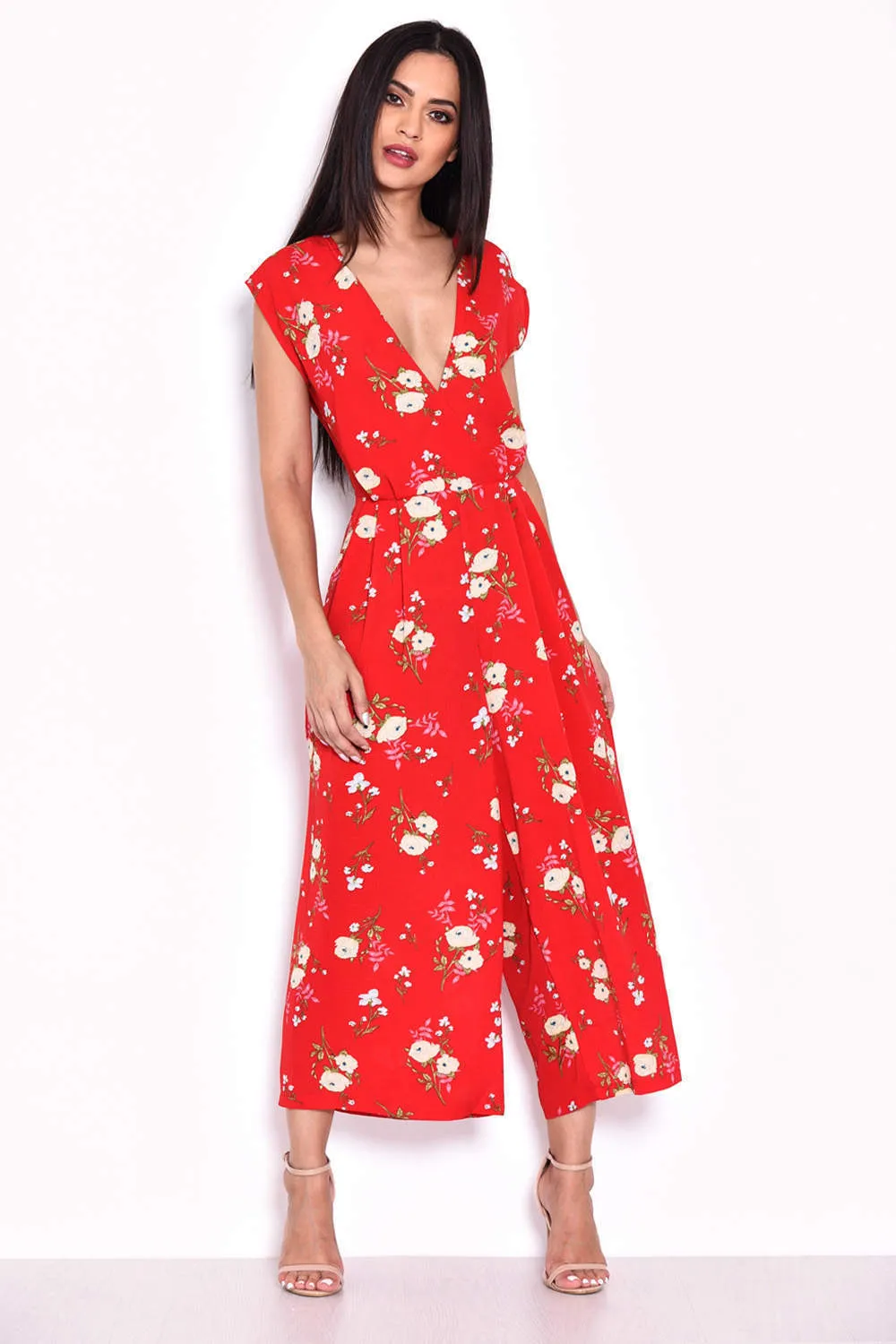 Red Floral Short Sleeved Jumpsuit sold by AX Paris product image thumbnail 3