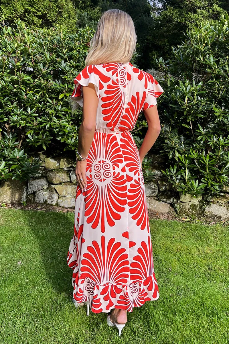 Burnt Orange Abstract Print Wrap Over High Low Frill Hem Midi Dress sold by AX Paris product image thumbnail 4