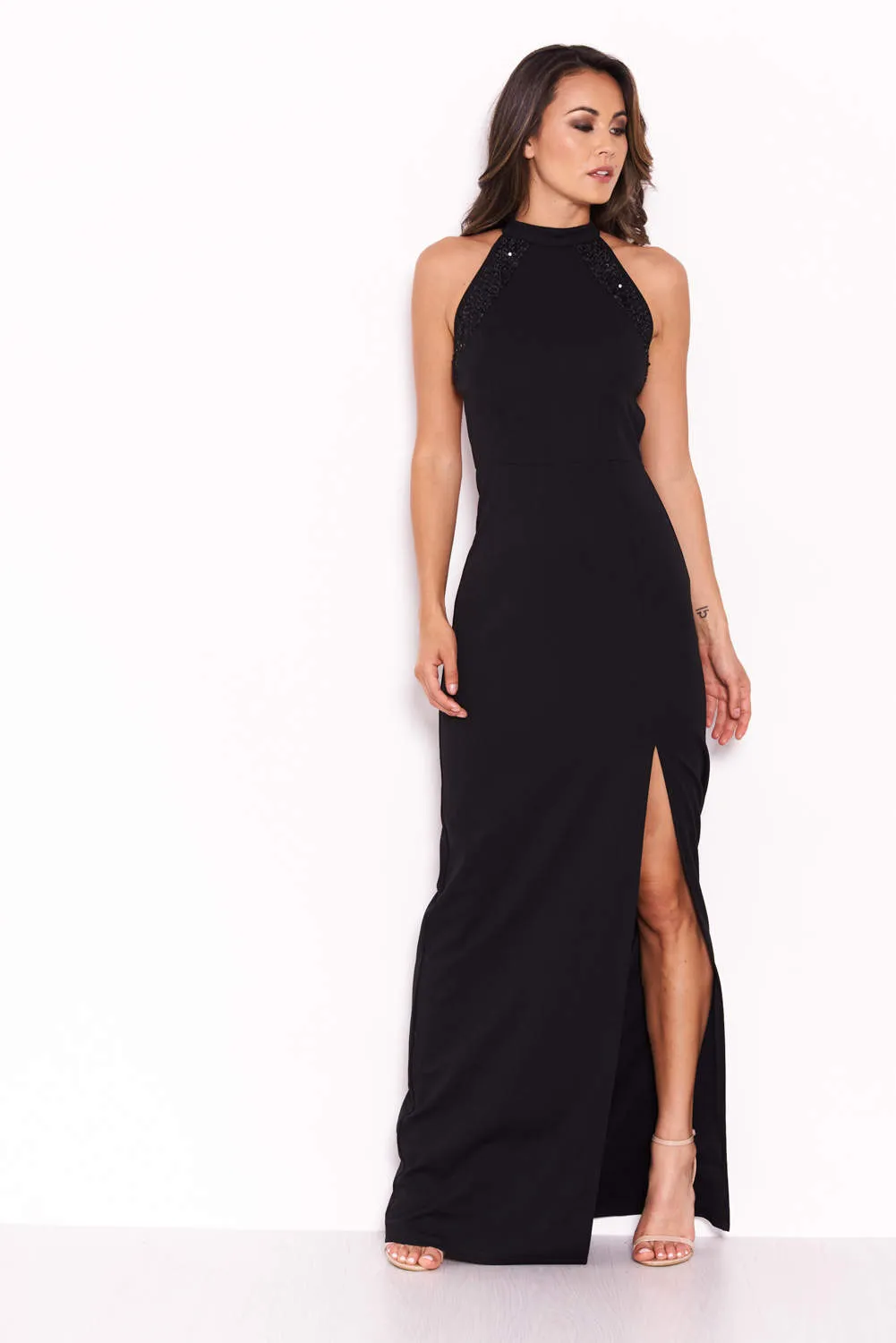 Black Sequin Panel Detailing Maxi Dress With Thigh Split sold by AX Paris product image thumbnail 4