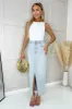 Light Blue Front Split Denim Midi Skirt sold by AX Paris