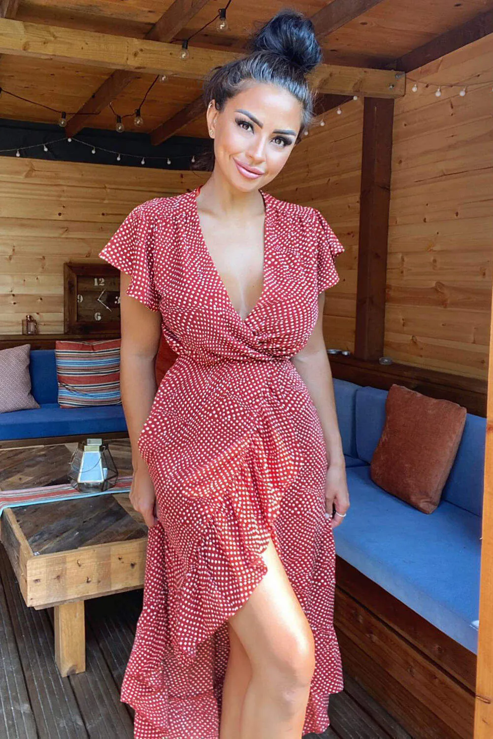 Rust Polka Dot Wrap Over Midi Dress sold by AX Paris product image thumbnail 3