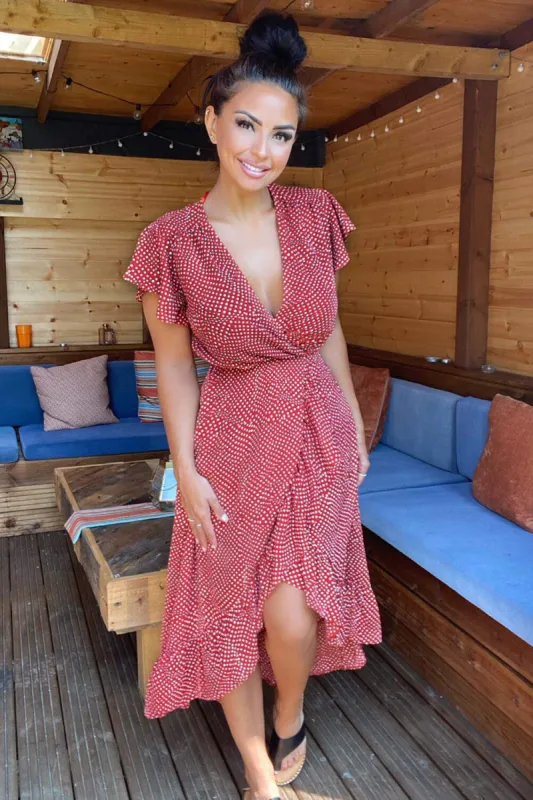 Rust Polka Dot Wrap Over Midi Dress sold by AX Paris