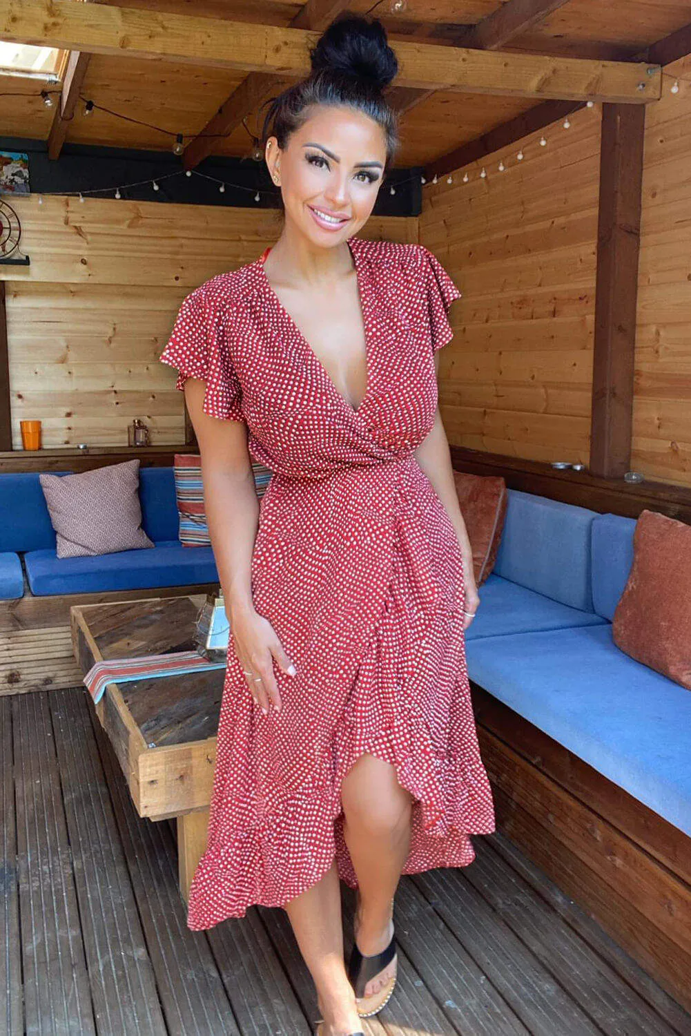 Rust Polka Dot Wrap Over Midi Dress sold by AX Paris
