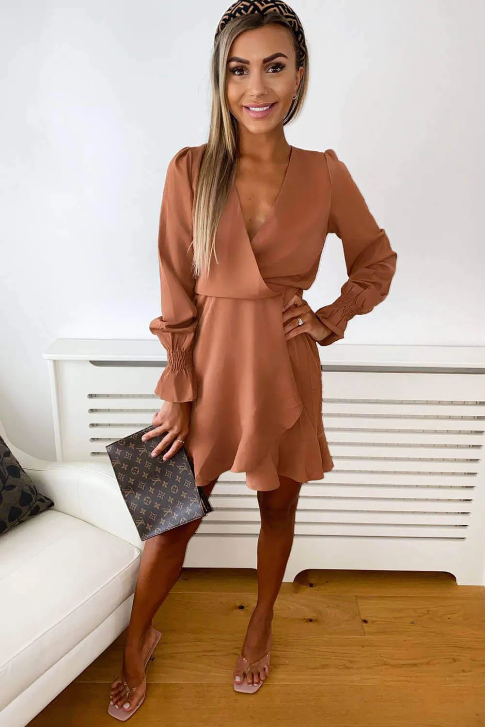 Camel Wrap Frill Hem Dress sold by AX Paris