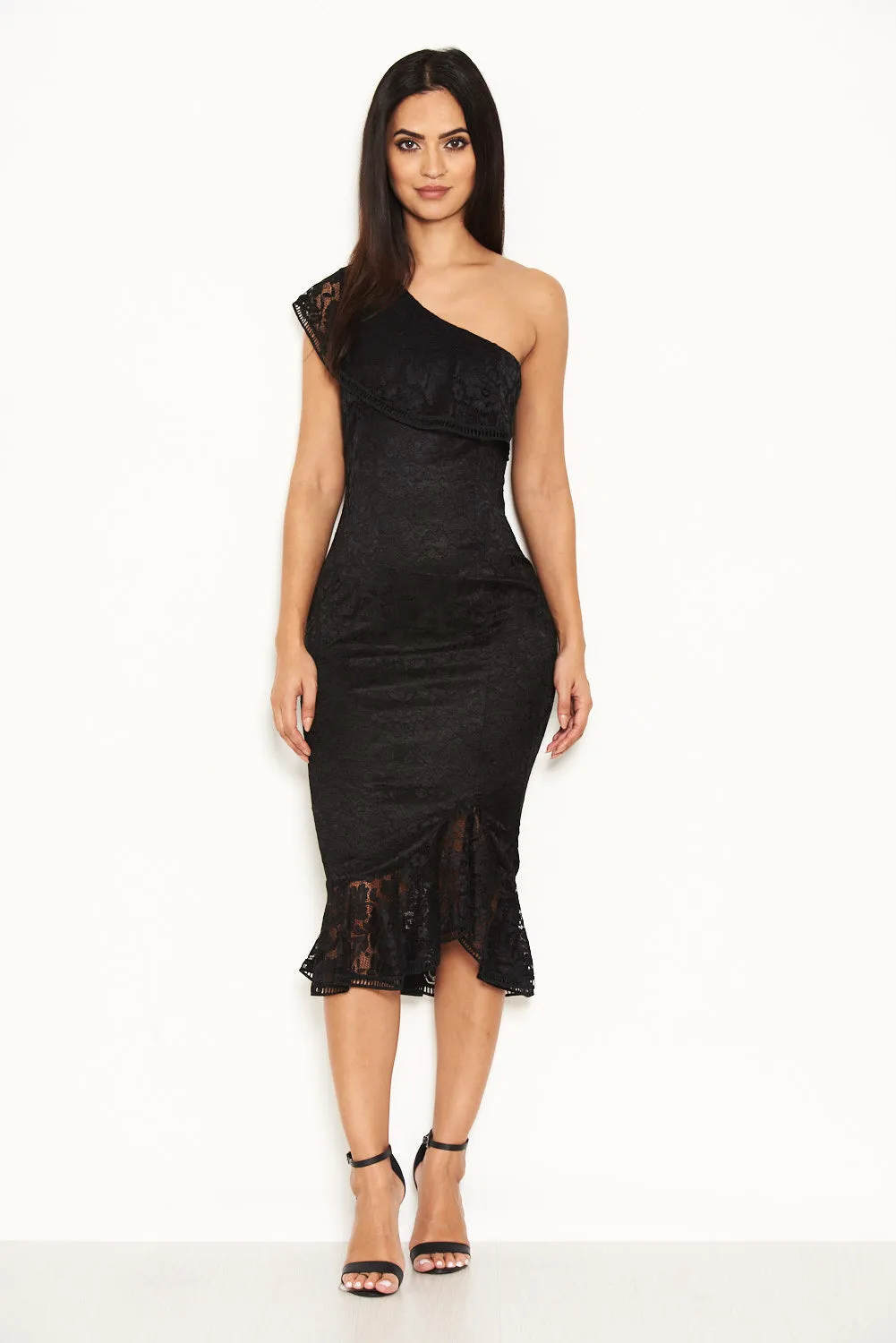 Black Lace One Shoulder Frill Detail Midi Dress sold by AX Paris product image thumbnail 2
